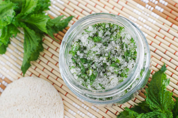 istock Homemade mint exfoliating scrub (foot soak, bath salt) with sugar, chopped mint leaves, olive oil end essential mint oil. Natural skin and hair care. DIY beauty treatments, spa recipe. Copy space. 1167545409