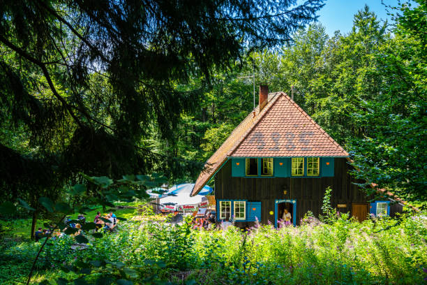 Schuttertal, Germany, August 11, 2019, Tourists and hikers relaxing in black forest lodge called lahrer huette surrounded by beautiful green trees and nature perfect for trekking