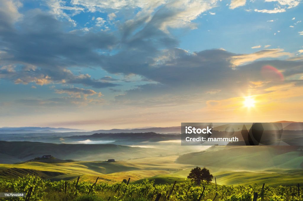 Sunrise in Tuscany, location: Crete Senesi Italian landscape Sunrise - Dawn Stock Photo