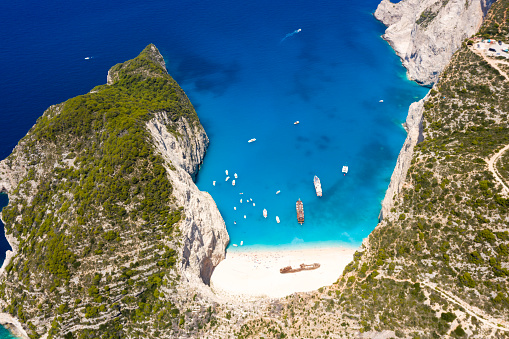Aerial View of Shipwreck or Navagio Beach in Zakynthos, Greece