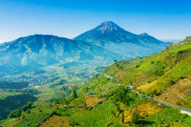 Aerial view of Dieng Plateau with Mount Sindoro in Central Java, Indonesia