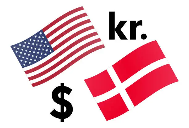 Vector illustration of USDDKK forex currency pair vector illustration. American and Danish flag, with Dollar and Krone symbol.