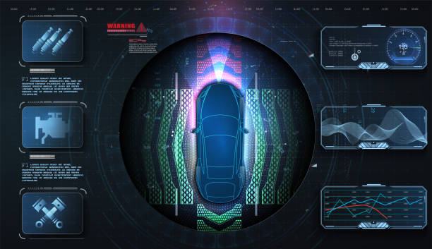 illustrations, cliparts, dessins animés et icônes de style de voiture d'hologramme dans hud, interface ui, gui. diagnostics matériels. service de voiture futuriste, numérisation et analyse automatique des données. service automobile de voiture, conception moderne, auto dagnostic. concept pour les système - speedometer speed dial motor vehicle