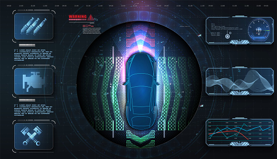 Hologram car style in HUD, UI, GUI. Hardware Diagnostics. Futuristic car service, scanning and auto data analysis.