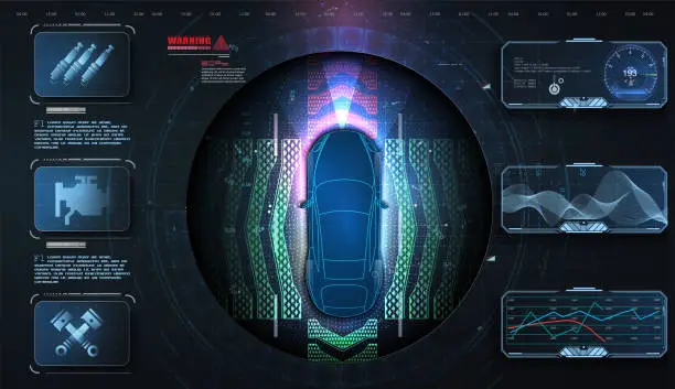 Vector illustration of Hologram car style in HUD, UI, GUI. Hardware Diagnostics. Futuristic car service, scanning and auto data analysis. Car auto service, modern design, dagnostic auto.Concept for driver assistance systems