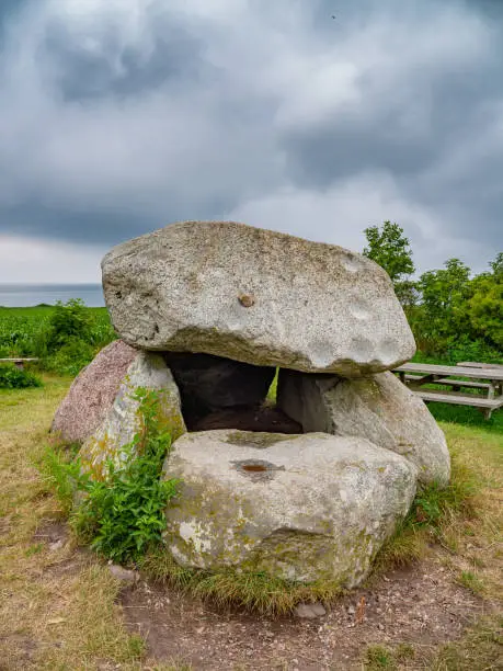 Klokkestenen bell-stone stone age burial monument on Lyoe in Denmark