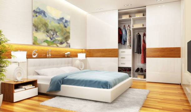 design moderno degli interni della camera da letto con grande armadio scorrevole - closet hotel door contemporary foto e immagini stock