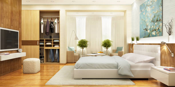 grande conception moderne de chambre à coucher avec la garde-robe - closet hotel door contemporary photos et images de collection
