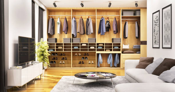 istock Modern living room design with sliding wardrobe 1167553480