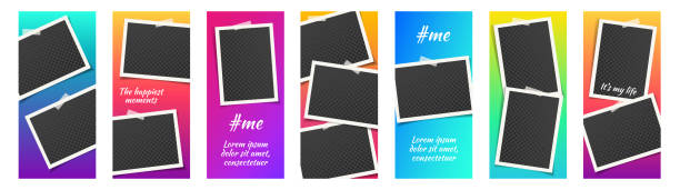 Set of gradient social media story vector templates. Story template kit for social media with bright gradient background. Set with empty photo frames. Mockup trendy concept set. Abstract editable banner pack. Stories backgrounds. insta stock illustrations