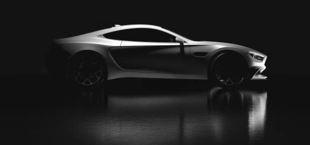 современный белый спортивный автомобиль на черном фоне. вид сбоку - sports car стоковые фото и изображения