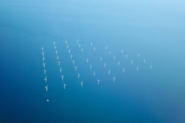 top view of wind farms in the sea - sea wind turbine turbine wind imagens e fotografias de stock