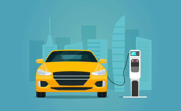 Electric sedan car isolated. Electric car is charging, front view. Vector flat style illustration. Electric sedan car isolated. Electric car is charging, front view. Vector flat style illustration. ev charging stock illustrations
