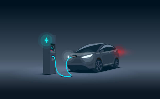Modern Electric Car Suv Charging Parking at the Charger Station at Night Vector illustration of a luxury black electric car suv charging at the charger station during night time low demand off peak electricity. Electromobility eco future transportation e-motion concept. electric plug dark stock illustrations