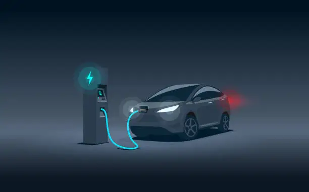 Vector illustration of Modern Electric Car Suv Charging Parking at the Charger Station at Night