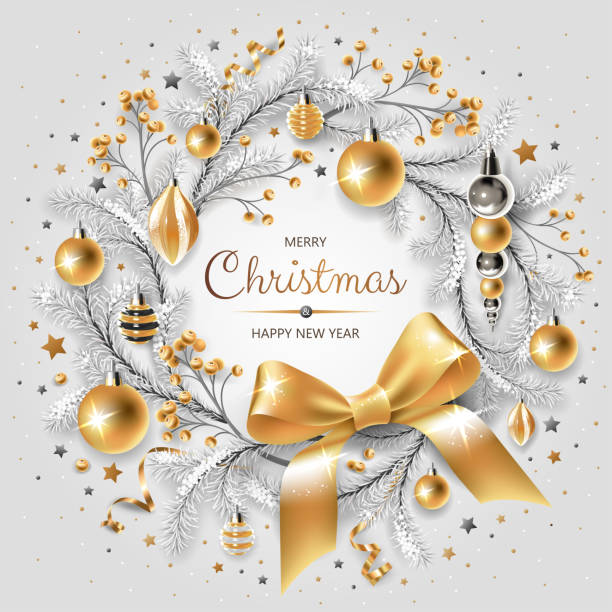 白い背景に金と銀のクリスマスツリー、ベリー、装飾、リボン、贈り物や他のお祝いの要素と花輪。 - christmas symbol black white点のイラスト素材／クリップアート素材／マンガ素材／アイコン素材