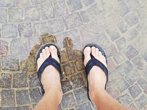 Barefoot, Bathing shoes, Rainy weather, Wet, Cold, Overhead view, Copy Space, Pavement, Vacations