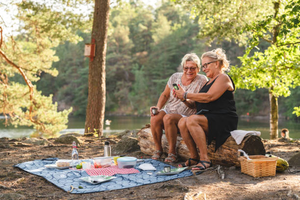 istock Senior women on a picnic looking at a smart phone together 1167565672