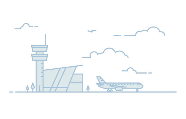 Growing line tomatos National airport line illustration. Big passenger airplane and airport building with tower on background. Sky with clouds. Linear modern, trendy vector banner. airport backgrounds stock illustrations