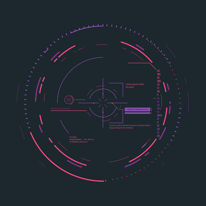 Futuristic aim system overlay vector illustration. Connections and circles. Future information and scope aiming. Radar or targeting system overlay. Visual geometric structure, data with digits.