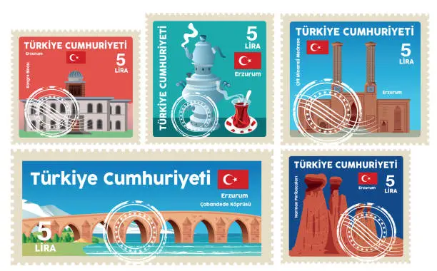 Vector illustration of Erzurum, Turkey, Yakutiye, Palandöken, Aziziye, Khorasan, Oltu, Pasinler Tortum, Narman, Uzundere, Çobandede Bridge