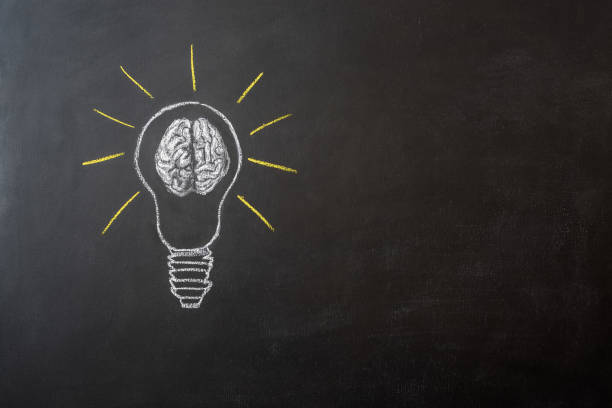 bulb with human brain on chalkboard with copy space stock photo