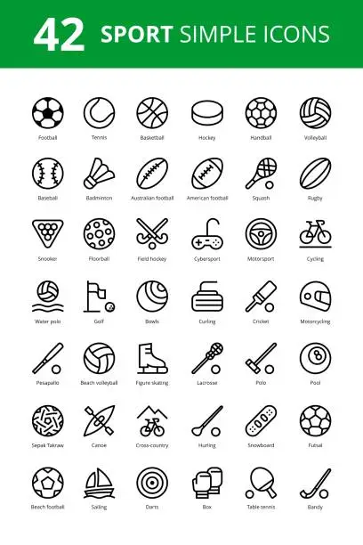 Vector illustration of 42 Sport simple outline vector icons with football, hockey, soccer, rugby, tennis, moto, bike, baseball and others