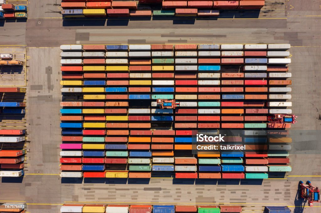 Aerial view on a container port, Germany Germany: Aerial view on a container port with colorful containers. Cargo Container Stock Photo