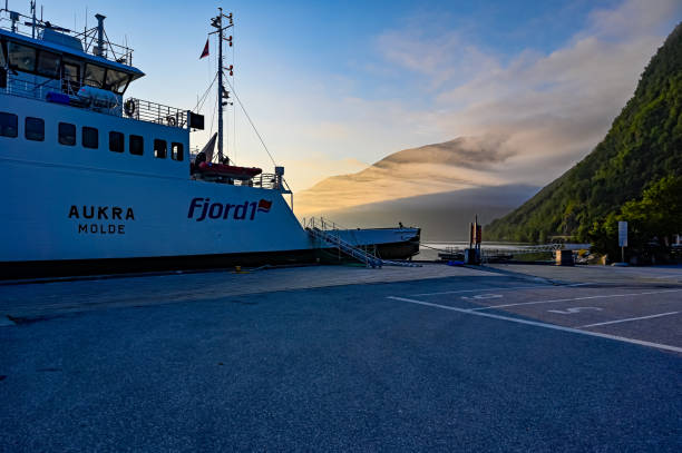 12 july 2019 Ferry in Eidsdal harbor Norway early in the morning