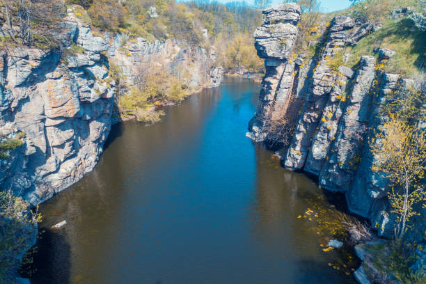 Aerial view of a mountain river in early spring.