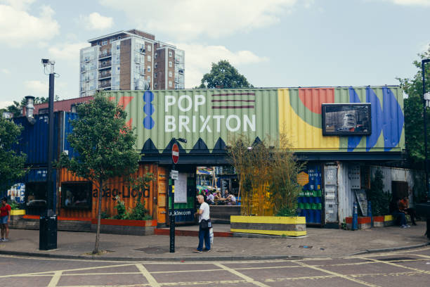 London / UK - July 16, 2019: Pop Brixton - space that showcases the most exciting independent businesses from Brixton and Lambeth London / UK - July 16, 2019: Pop Brixton - space that showcases the most exciting independent businesses from Brixton and Lambeth brixton stock pictures, royalty-free photos & images