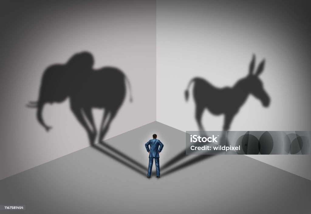 Republican and democrat voter Republican and democrat voter concept as a symbol of an American election political identity campaign choice as two United States political parties shaped as an elephant and donkey in a 3D illustration style. Elephant Stock Photo