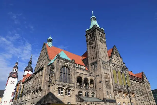 Chemnitz city in Germany (State of Saxony). Neumarkt square - New City Hall (Neues Rathaus).