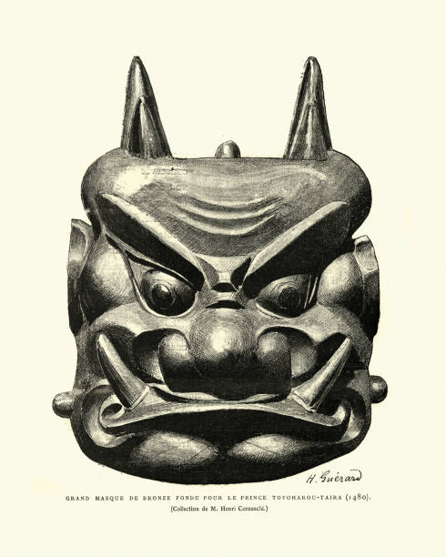 japanesse bronze maske für prinz toyoharou-taira, 15. jahrhundert - 15 th century stock-grafiken, -clipart, -cartoons und -symbole