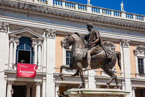 Statue of Victor Emmanuel on horseback on the Victor Emmanuel Monument overlooking the city of Rome Italy