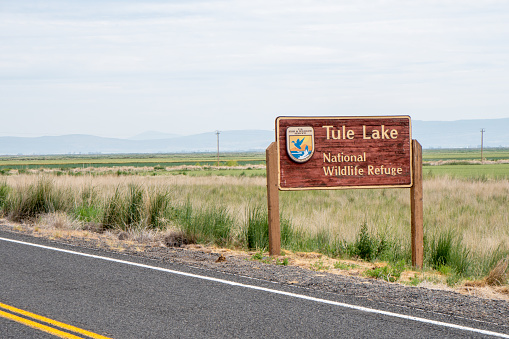 Tulelake, California - July 9, 2019: Sign for the Tule Lake National Wildlife Refuge, a popular spot for bird watching