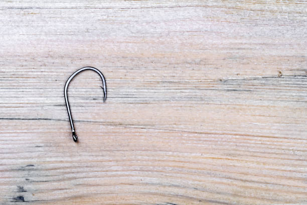 istock fishing hook single on wood texture, metal hook on wood 1167593388