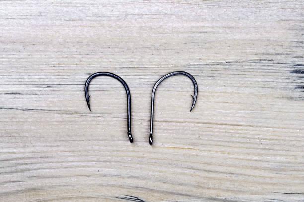 istock two fishing hooks on wood texture 1167593392