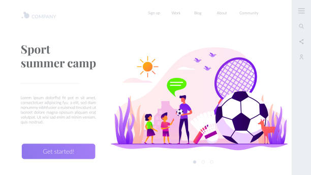шаблон страницы посадки летнего лагеря спорта - soccer action child purple stock illustrations
