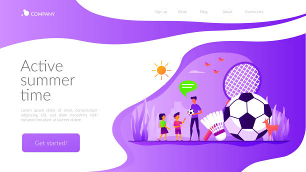 sport sommerlager landing page vorlage - soccer action child purple stock-grafiken, -clipart, -cartoons und -symbole