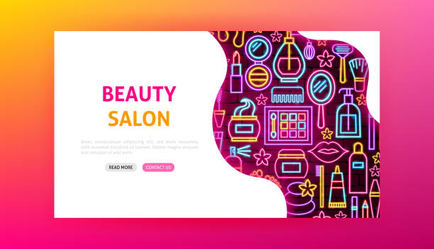 ilustraciones, imágenes clip art, dibujos animados e iconos de stock de beauty salon neon landing page - computer icon symbol hair gel hair salon