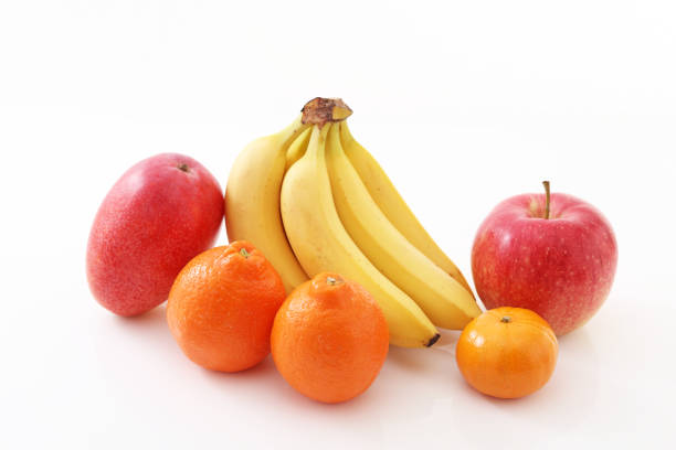 Variety of fresh fruits on white background