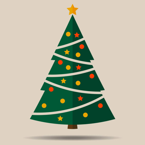 einfache flache weihnachtsbaum mit weihnachtsschmuck - weihnachtsbaum stock-grafiken, -clipart, -cartoons und -symbole