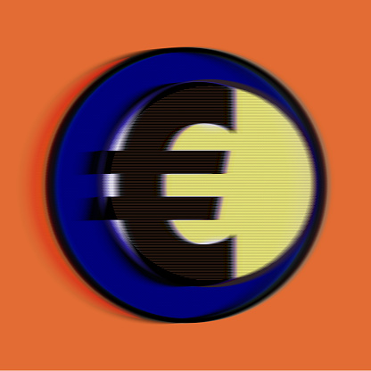Euro currency symbol. Blurred motion. Dot screen pattern. Orange background.