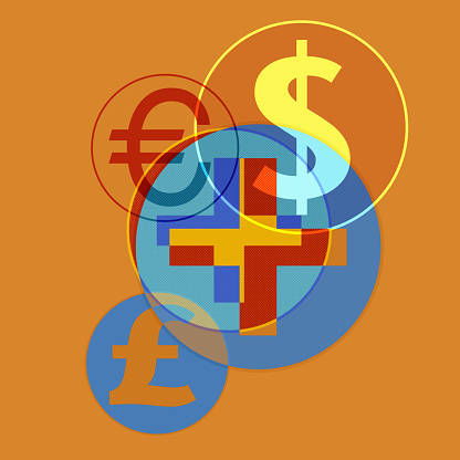 Currency Symbols with plus signs in overlapping montage.