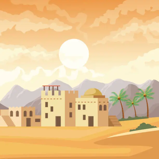 Vector illustration of India buildings in the desert scenery cartoon