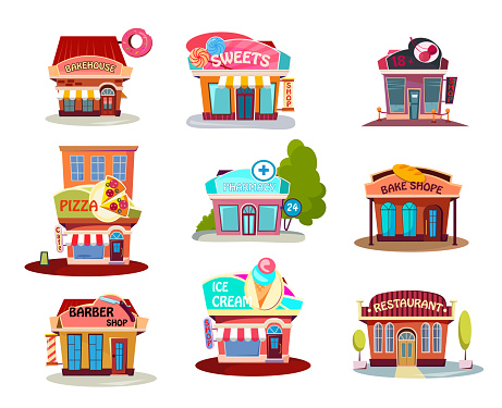 Cartoon Shop Set Stock Illustration - Download Image Now - Store, Cafe,  Cute - iStock
