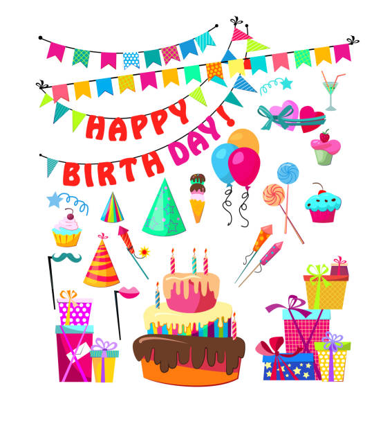 ilustraciones, imágenes clip art, dibujos animados e iconos de stock de decoración de la fiesta de cumpleaños conjunto colorido - ribbon nobody cupcake celebration
