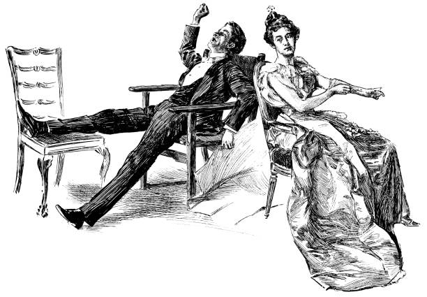 19세기 미국 뉴욕시에서 하룻밤을 보낸 후 집으로 돌아오는 커플 - past women old fashioned couple stock illustrations