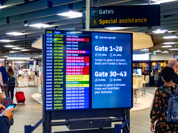 Departure lounge Luton Airport Luton, UK. Departure lounge at Luton Airport with franchises in the background selling food and groups of travellers in the foreground waiting for flight information on the departure screens. retail digital signage stock pictures, royalty-free photos & images
